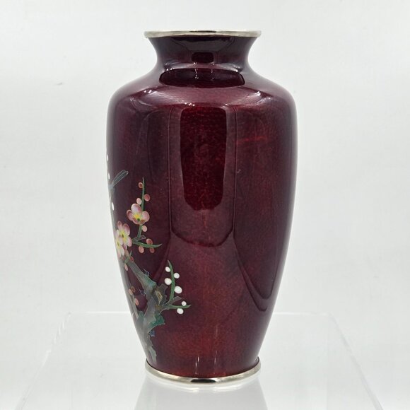 Vintage Japanese Ginbari Cloisonné Vase 1950s Cherry Blossom Pigeon Blood Red - Picture 3 of 6